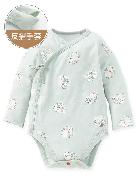 新生兒棉質長袖包屁衣(厚款)-刺蝟寶寶-灰藍1