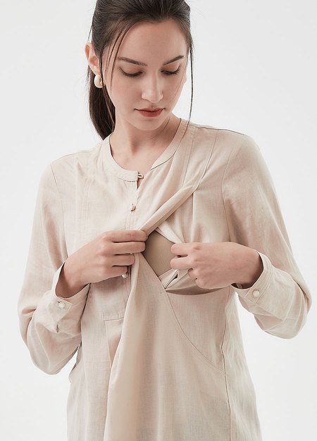 純棉素色襯衫孕哺洋裝(兩穿)-米色2