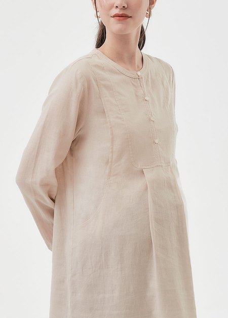 純棉素色襯衫孕哺洋裝(兩穿)-米色3