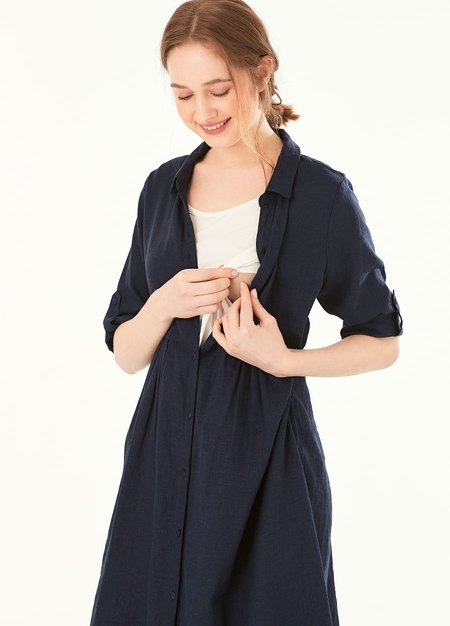 混麻寬鬆五分袖襯衫式孕哺洋裝(兩穿)-深藍2