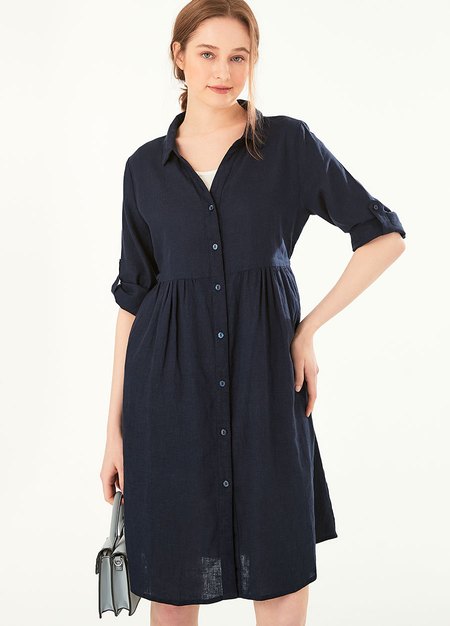 混麻寬鬆五分袖襯衫式孕哺洋裝(兩穿)-深藍3