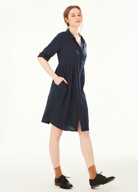混麻寬鬆五分袖襯衫式孕哺洋裝(兩穿)-深藍4