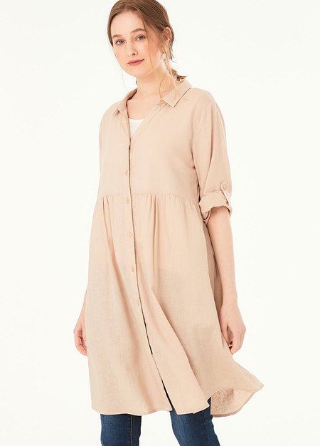 混麻寬鬆五分袖襯衫式孕哺洋裝(兩穿)-粉橘1