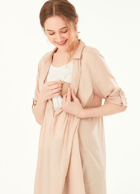 混麻寬鬆五分袖襯衫式孕哺洋裝(兩穿)-粉橘2