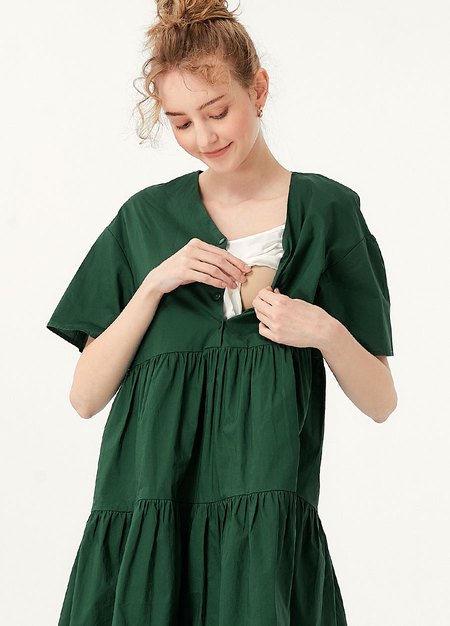 純棉寬鬆蛋糕裙孕哺洋裝-綠色2