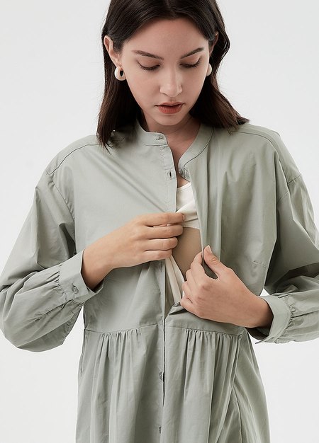 純棉素色襯衫孕哺洋裝(兩穿)-淺綠2
