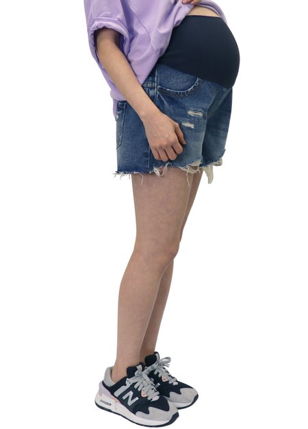 抓破刷色抽鬚牛仔孕婦短褲