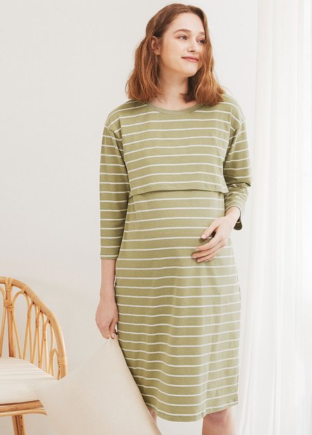 棉質條紋寬鬆孕哺居家洋裝-橄綠1