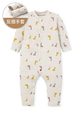 新生兒長袖連身衣-親子長頸鹿 - 卡其