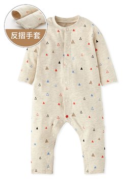 新生兒長袖連身衣-塗鴉三角形 - 米色