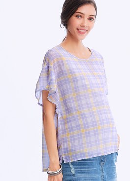 花苞袖哺乳平織衫(2件式) - 淺紫
