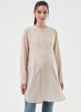 純棉素色襯衫孕哺洋裝(兩穿) - 米色