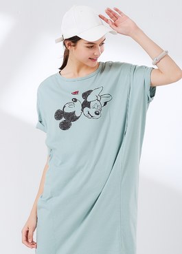 迪士尼米奇米妮長版孕哺罩衫 - 灰藍
