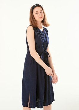 無袖繫腰孕哺洋裝(兩穿) - 深藍B7