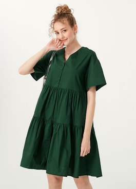 純棉寬鬆蛋糕裙孕哺洋裝 - 綠色