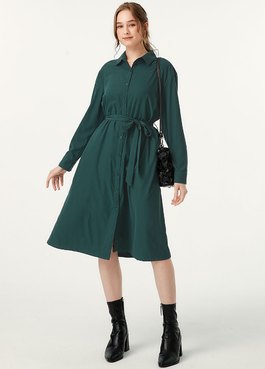 輕量磨毛襯衫綁帶孕哺洋裝(兩穿) - 深綠