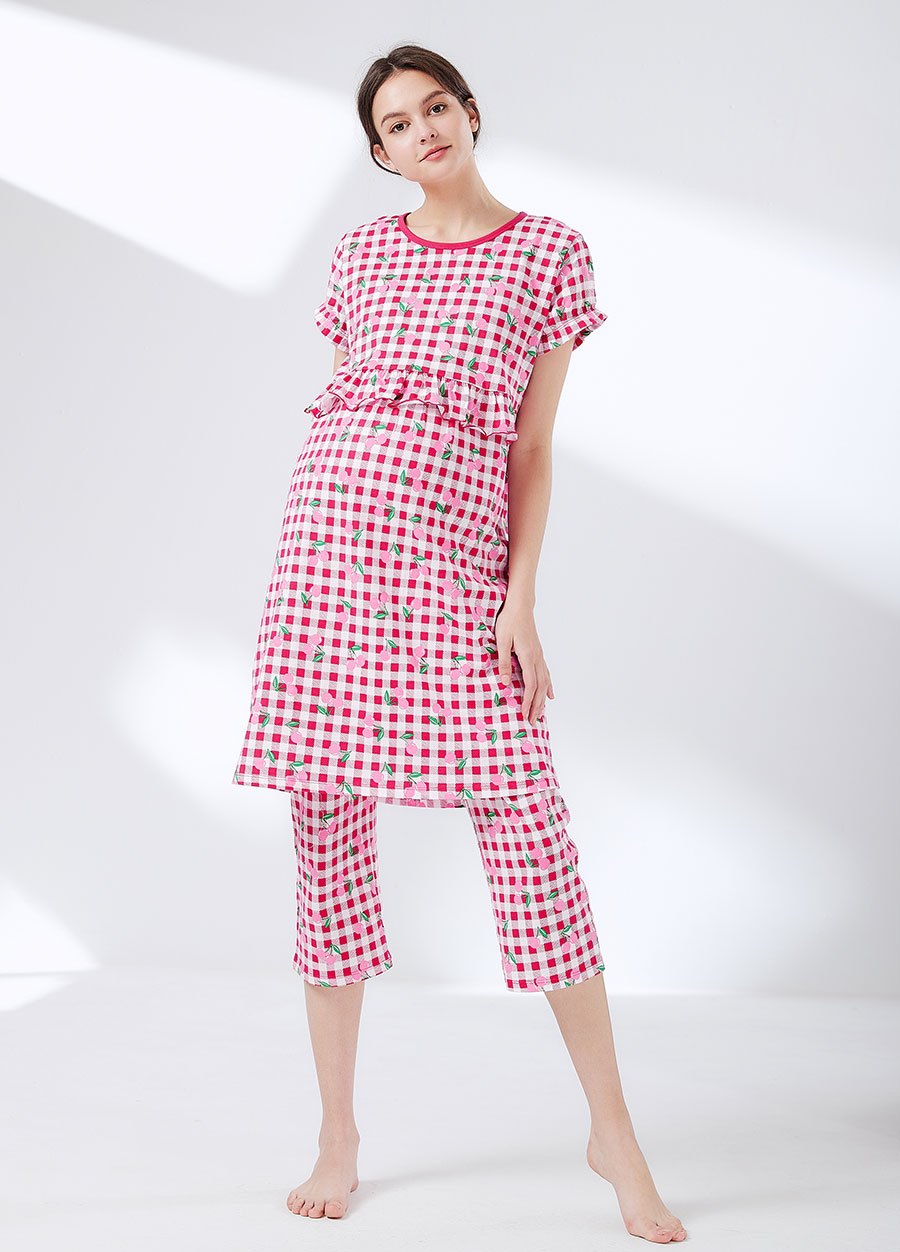 格紋櫻桃荷葉孕哺居家服組(洋裝+長褲)